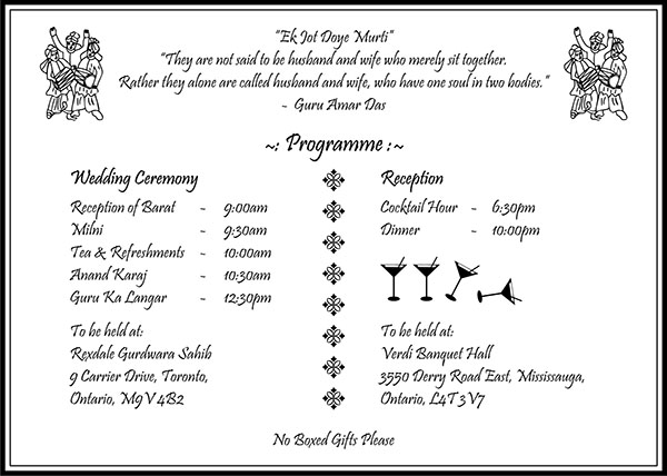 Sikh wedding invitation wording 3A - Parekh Cards